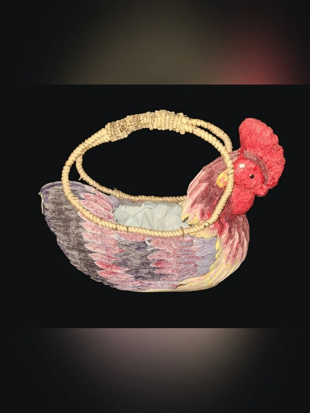 Vintage Folk Art Paper Mache + Wicker Chicken Basket